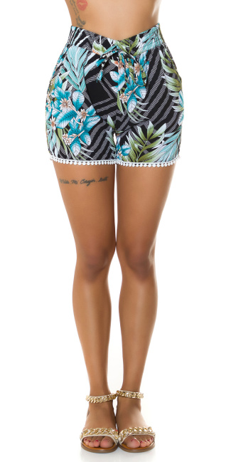 Trendy Highwaist Shorts with tropical print Black